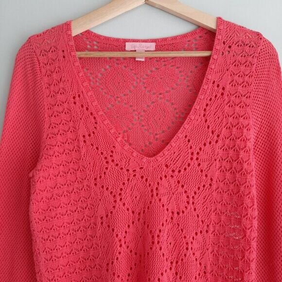 LILLY PULITZER / Pom-Pom Trim V-Neck Knit / Crochet Tunic Top Bright Pink Sz M - Picture 2 of 16